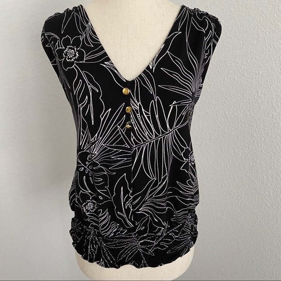 Ellen Tracy Floral Abstract Black White Pattern Sleeveless Rouche Sexy Size S - Picture 1 of 11